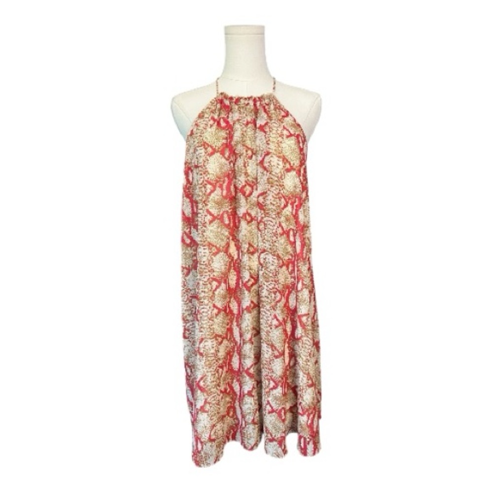 EUC She & Sky red & beige snakeskin silk blend halter dress | size L